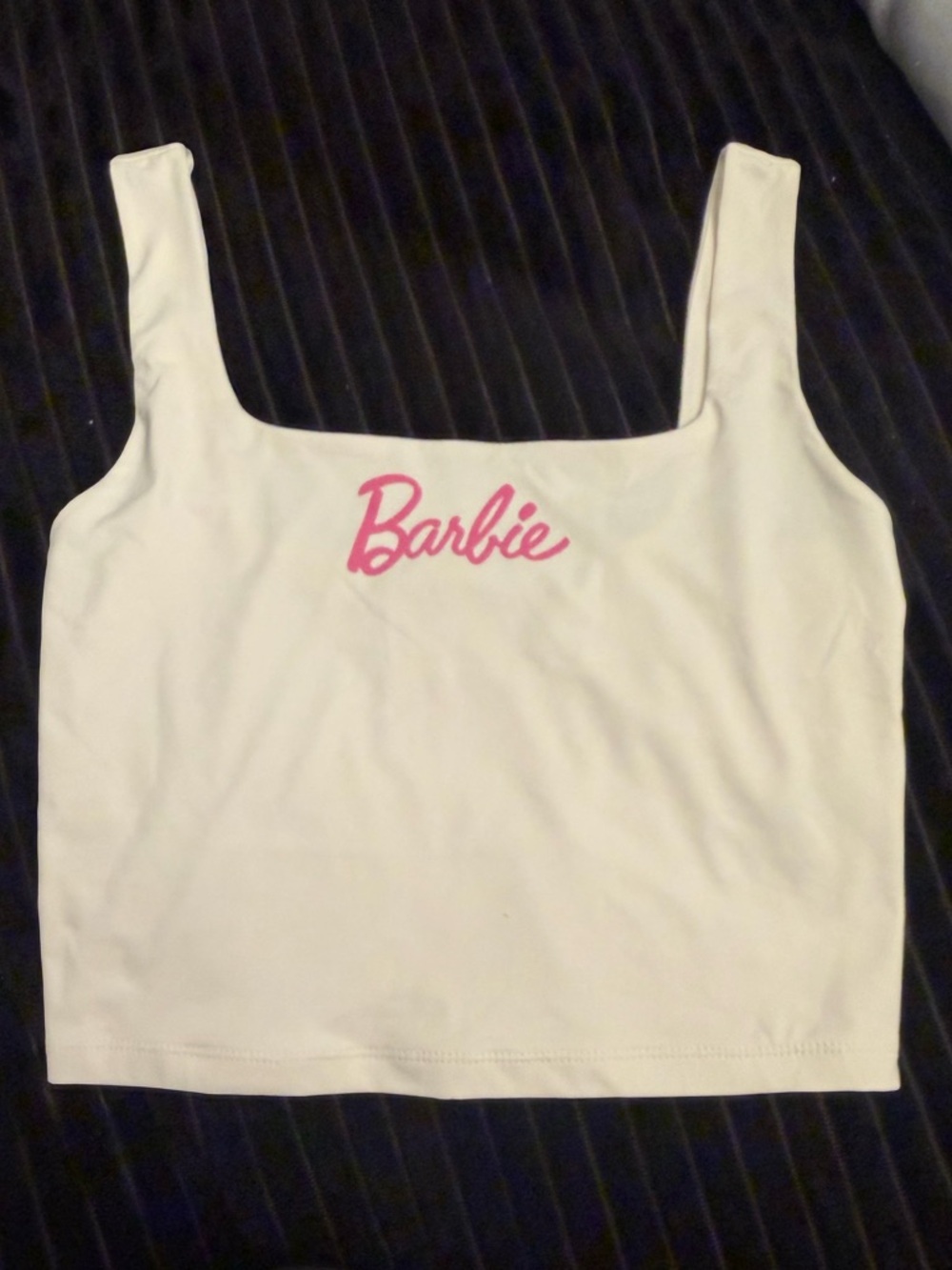 Forever 21 White Crop Top with Pink Barbie Print